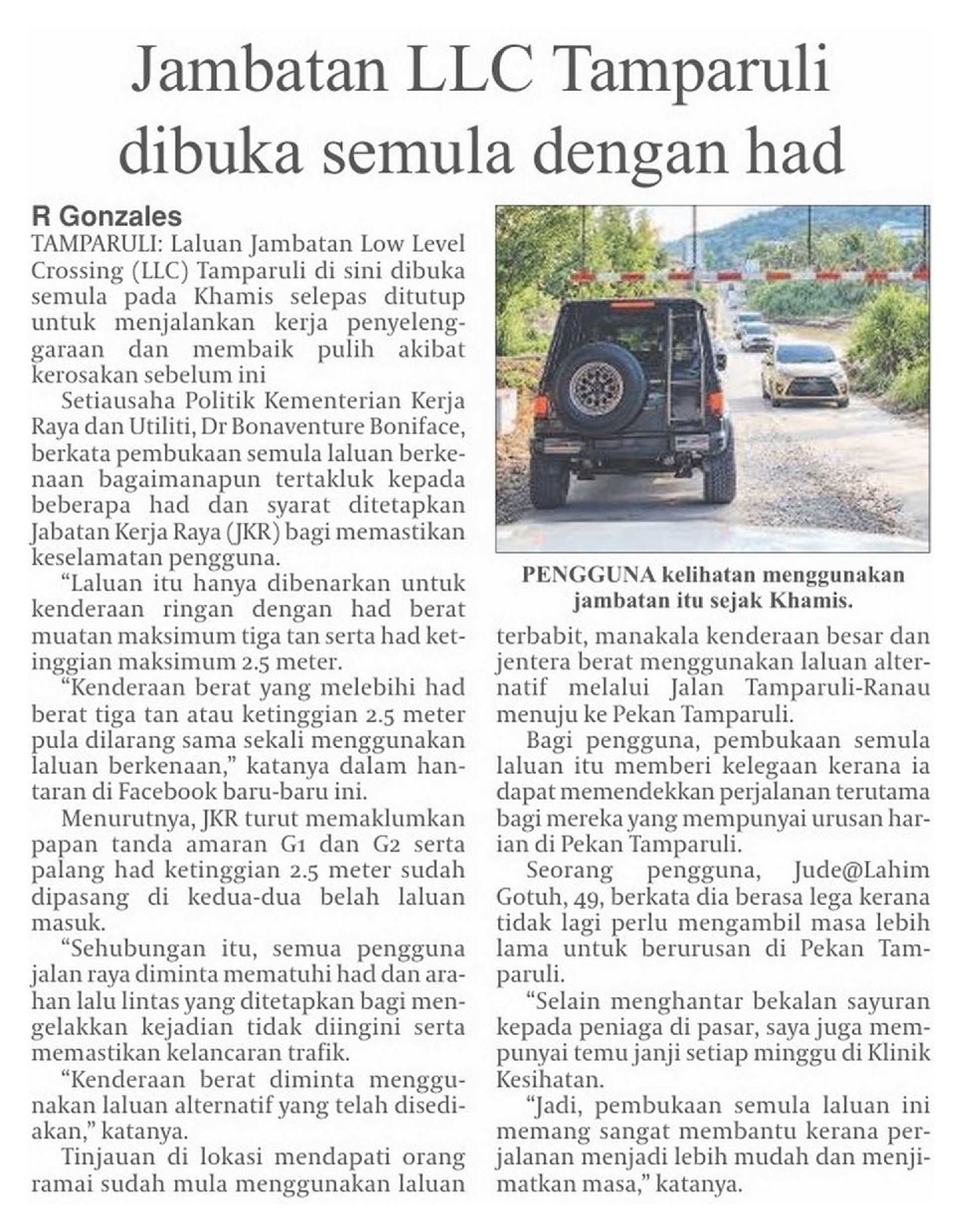 2 Okt 2026, Tamparuli - Jambatan LLC Tamparuli dibuka semula dengan had (Daily Express)